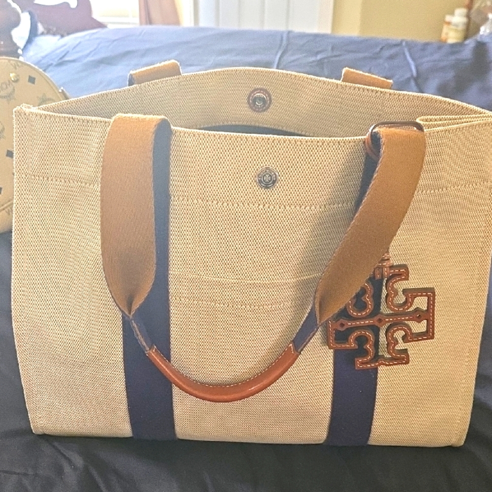 Tory Burch Beige Canvas Tote with Navy Accents Rare Bag